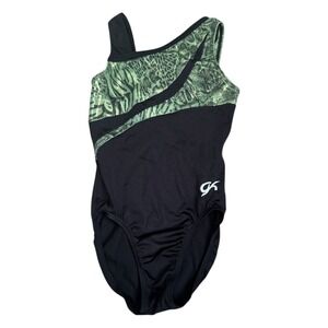 GK Elite Gymnastics Leotard Metallic Asymmetrical Green Black Girls M CM